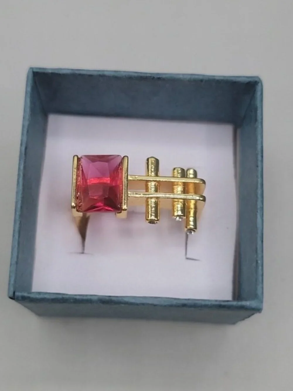 VTG Gold Vermeil Geometric Statement Ring Emerald Cut Pink Red Crystal 925 8.6